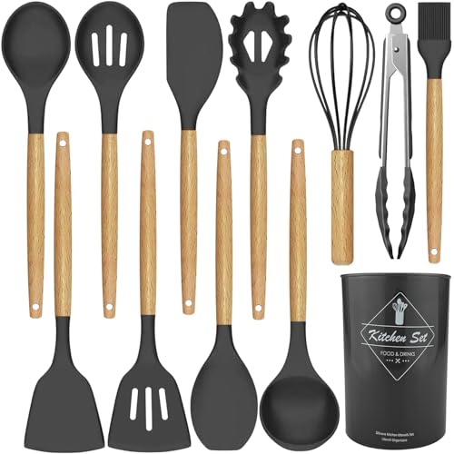 12 pcs Silicone Cooking Utensils Kitchen Utensil Set with Holder Heat Resistant Silicone Spatula Turner Set Wooden Spoons Kitchen Gadgets Tools Cooking Utensils for Nonstick Cookware (Gray)