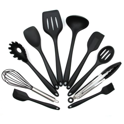 Smedic 調理用スプーン シャベル シリコン製キッチン用品 10 点セット ノンスティックシリコン製キッチン用品 10 点セット キッチン用品セット (ターニングエッジ、スープスプーン、トング、シャベル、泡立て器、ブラシ、スパチュラを含む) (ブラック