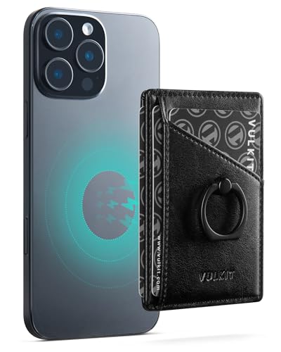 VULKIT Magnetic Card Holder for iPhone with Ring Grip, 3 Card Slots, Compatible with iPhone 12-16 Generation, Black