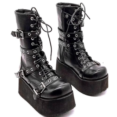 ZKXYFFS Platform Ankle Boots for Women Chunky High Heel Booties Goth Round Toe Combat Wedges Boots Buckle Studded Motorcycle Booties