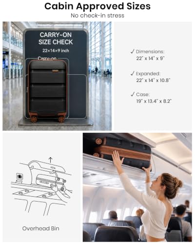 Image of Kono 20 Inch Expandable Carry on Luggage, Airline Approved Suitcase, Black | 22x14x9 Lightweight PP Hard Shell Smooth 360 Spinner Wheels with TSA lock for Short Trips