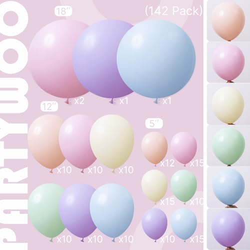 Image of PartyWoo Pastel Balloon Arch Kit Garland 142pcs Different Sizes of 18 12 10 5 Inch Light Baby Pale Pink Blue Green Purple Yellow Orange Balloons for Baby Shower Graduation Birthday Party Decorations