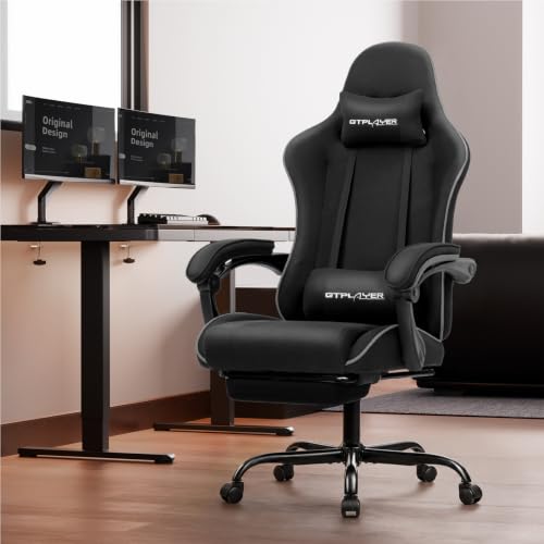 Image of GTPLAYER Gaming Chair, Computer Chair with Footrest and Lumbar Support, Height Adjustable Game Chair with 360-Swivel Seat and Headrest and for Office or Gaming (All Black-Fabric)