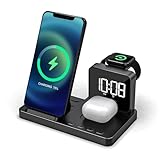 Reflexion 4 in 1 Wireless Charger mit Uhr & Wecker | Kabellose Ladestation für Smartphone, Apple Watch & Kopfhörer | 15W Schnellladen | Dual-Weckfunktion | USB-C Anschluss | Kompakt & Modern