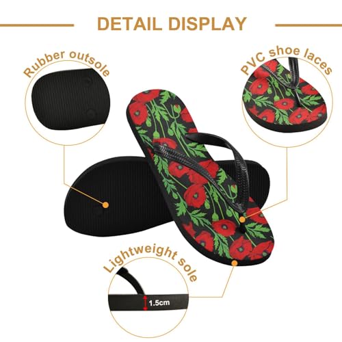 Red Flower Leaf Black Flip Flops for Beach Thong Sandals Anti-slip Lightweight Beach Shoes for Summer Outdoor Travel3