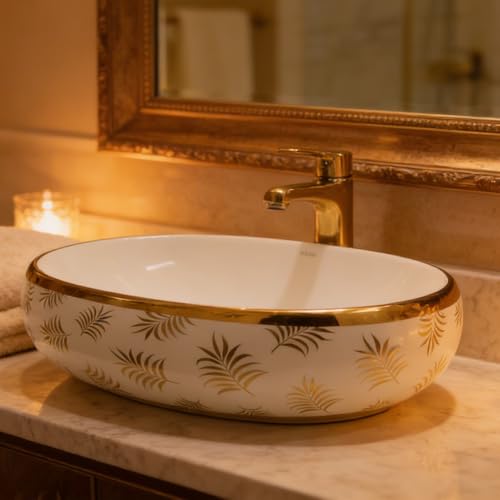 Image of Wallace Designer Oval Table Top Wash Basin 60x40x15 cm | White Ceramic Countertop Vessel Sink with Gold Leaf Pattern | Premium Over Counter Luxury Bathroom Basin