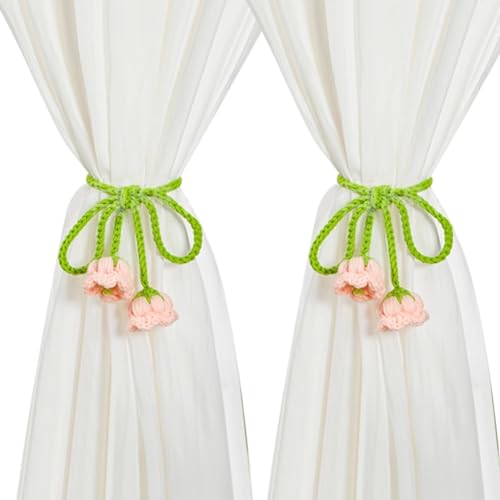 WAYUTO Pink Flower Curtain Tiebacks Handmade 2Pcs Adjustable Green Floral Tie Backs for Curtains Drapes Window Fancy Cute Creative Curtain Buckle Strap for Home Office Bedroom Decorative