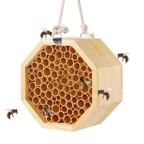 Mason Bee House - Handcrafted Natural Wooden Bee Hotel with Waterproof Wax Coating - Attracts Peaceful Pollinators, Enhances Garden Productivity