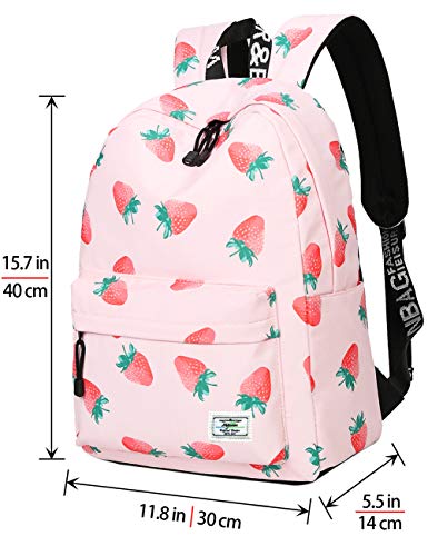 MIRLEWAIY Pink Strawberry Backpack for School Girls Lightweight Teen Primary Bookbag, Pink Strawberry2