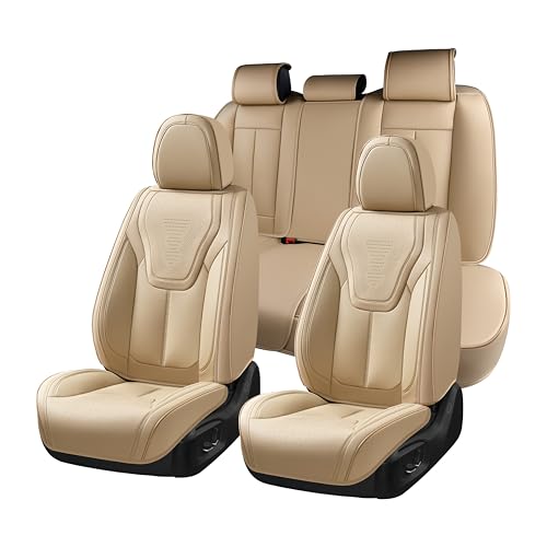 Image of FLORICH Automotive Seat Covers, Beige Car Seat Cover Full Set, Luxury Faux Nappa Leather Automotive Seat Protectors, Car Seat Cushions Universal Fit for Most Sedans SUVs Trucks - Beige