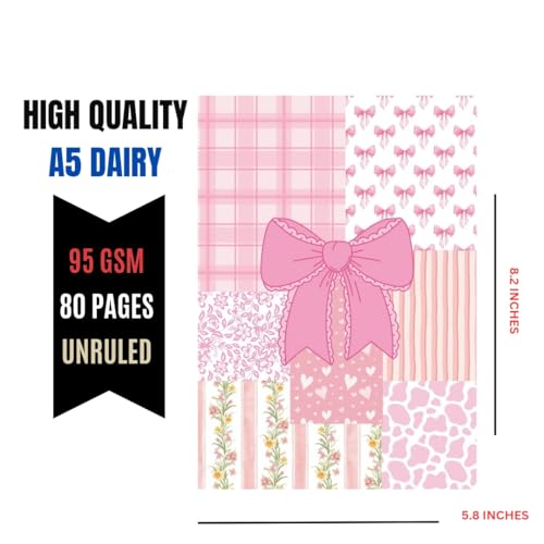 Image of A5 Unruled Soft Cover Diary For Girls - Pack of 2 | 95 GSM Thick Paper, 40 Sheets (80 Pages) | Pink Patchwork Bow Design & I'm Just a Girl Bow Pattern | Cute Journals for Writing & Sketching