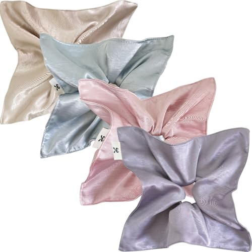 Jseng Lot de 4 chouchous carrés en satin doux et brillant - Élastiques pour cheveux - Pour femme - Beige, bleu, rose, lavande