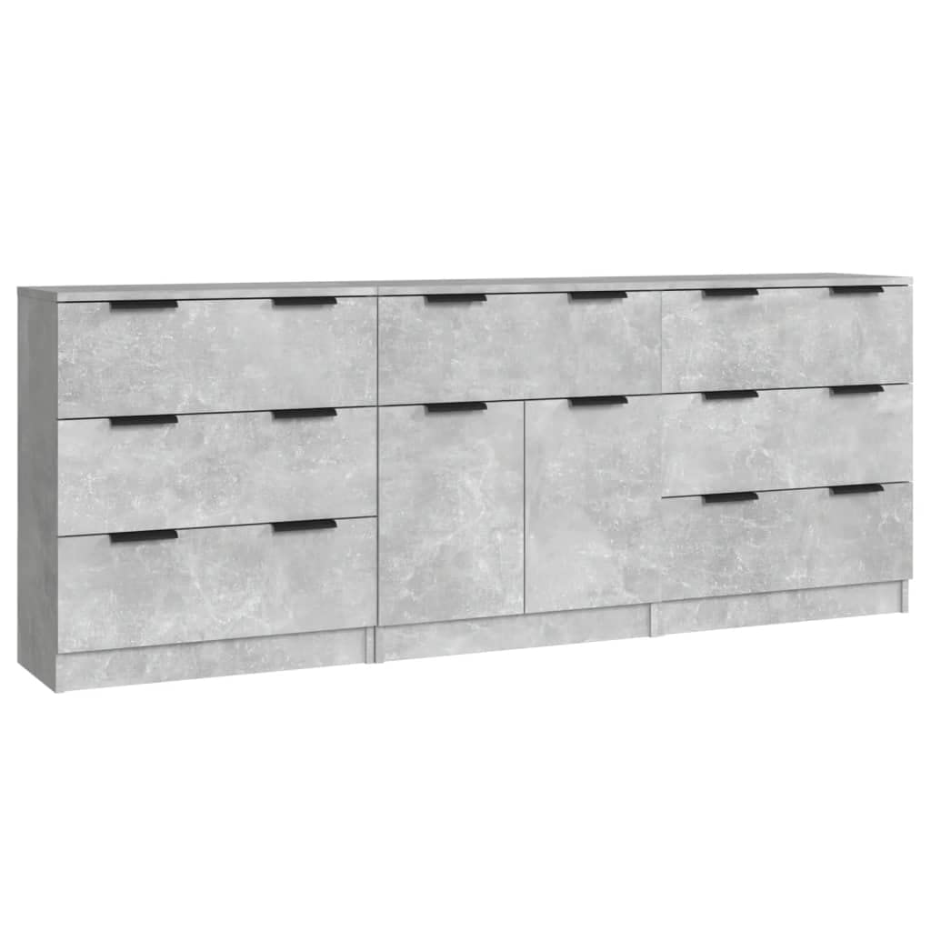3-częściowy zestaw kredensów betonowo-szary materiał drewnopochodny z 3 szufladami każda 60 x 30 x 70 cm miejsce do przechowywania mebli kuchennych, salonu, komody uniwersalne, wytrzymałe i