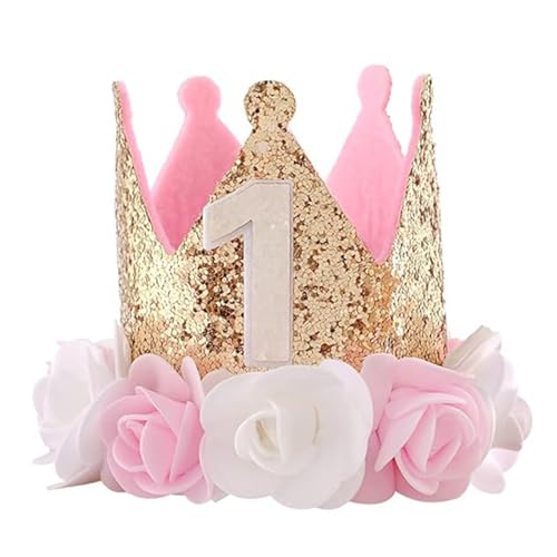Sombrero de primer cumpleaños para niñas, corona de tiara para bebé para fiesta de primer cumpleaños, diseño de flores doradas brillantes, decoraciones de primer cumpleaños para niñas para