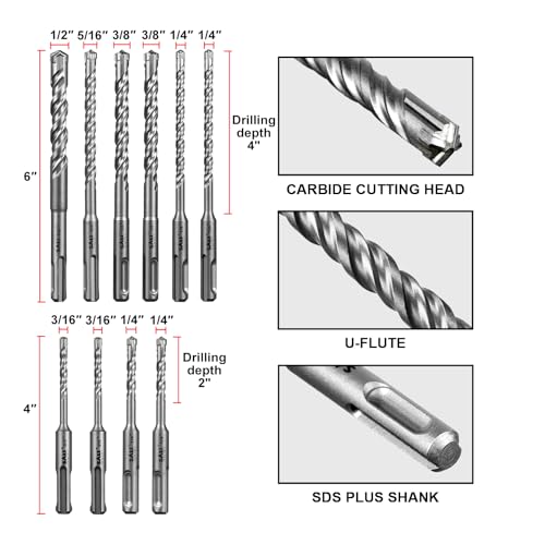 Image of SALI 10PCS SDS Plus Rotary Hammer Drill Bit Set Concrete Drill Bit Kit Cross-Type Double Thread Carbide Material Suitable for Concrete, Brick, Cement Walls, Stone, Hammer Drill Bits for Concrete