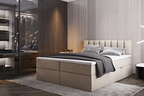 TRADA Lit Adulte 200x200 cm Palermo - avec Matelas Ressorts intégré, Rangement et surmatelas - Tissu Velours – Beige