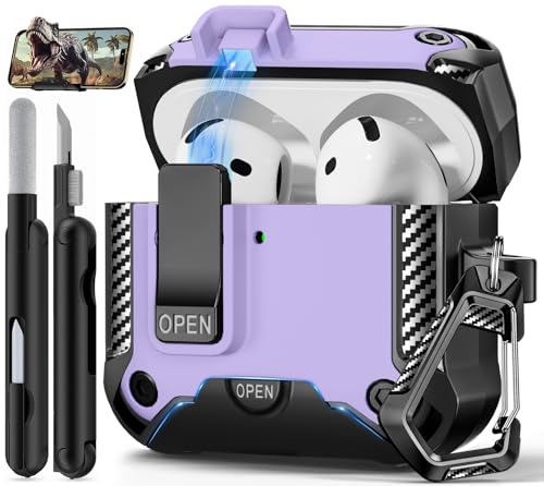 Image of Compatible with AirPods 4 Case with Phone Stand,Automatic Snap Switch Lock,Carbon Fiber Texture Design Cover with Cleaner Kit (Purple,for AirPods 4)