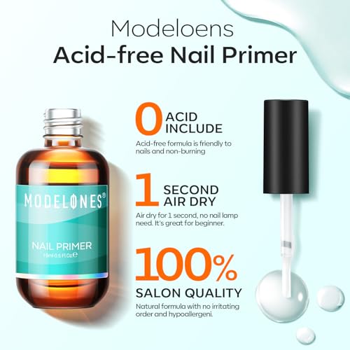 Image of modelones Nail Primer Top Coat, 15 ml Acid Free No Lift Bond Primer, Hema-Free Bonder for Gel Polish Nail Supplies Set