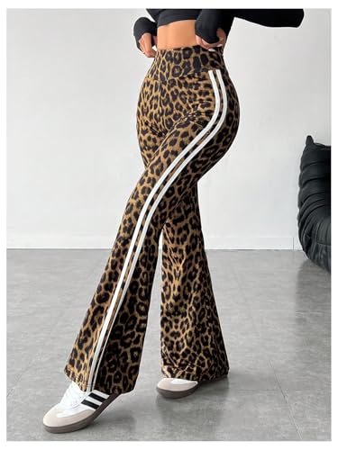 Verdusa Women's Y2K Striped Leopard Print Flared Pants High Waisted Bell Bottoms Fitted Trousers3