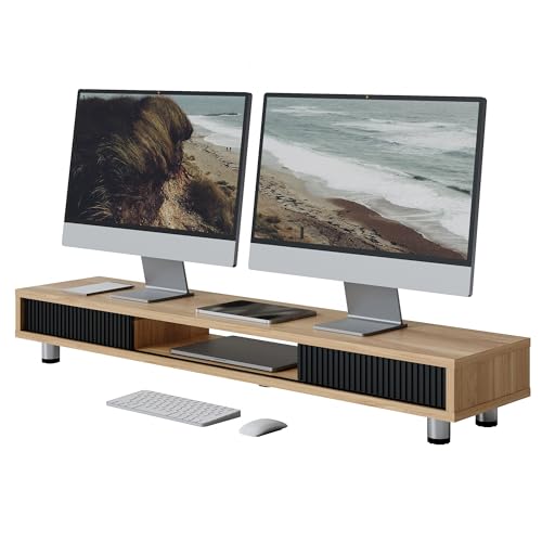 Image of Fenge Dual Monitor Stand, 42.5inch Long Monitor Stands Riser for 2 Monitors, Glass Sliding Door with Storage Organizer Stand for Desk, 2 Tier Desk Shelf for Laptop, Pc, Printer, Computer, TV