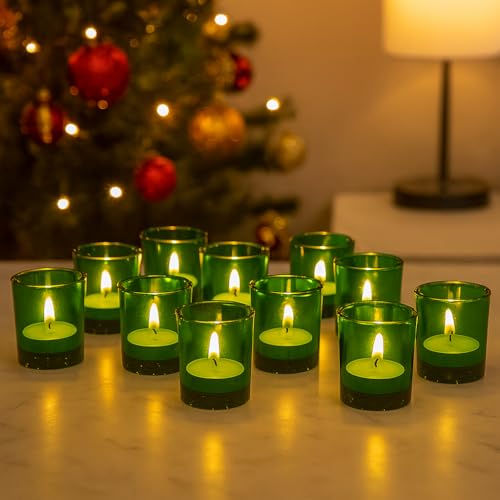 Image of Pure Source India Set of 12 Votive Glass Candle Holders with Tealight Candles | Decorative Diwali Lights for Home, Pooja & Festive Decor (Green)