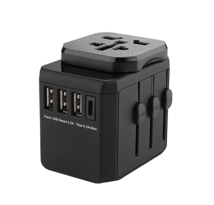 Adattatore da Viaggio Universale 4-in-1: 3 Porte USB-A + 1 USB-C Power Delivery 20W, Ricarica Rapida Quick Charge 3.0, Compatibile con Prese US/UK/EU/AUS/NZ, Perfetto per Oltre 150 Paesi, Nero