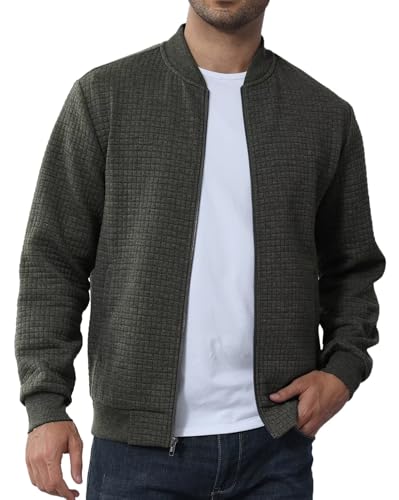 Image of YuKaiChen Mens Lightweight Bomber Jacket Casual Plaid Jacquard Varsity Jacket Coat with Zipper Pockets