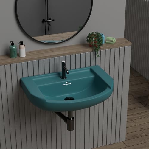Image of REMOTION Ceramic Wall Hung Corner Wash Basin for Bathroom | Wall Mounted Corner Sink | Space-Saving, Durable & Stylish Design (18.5 x 14 x 7.5 Inch) (Green)