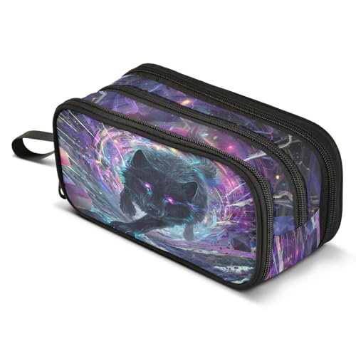 Image of Black Wolf Purple Eyes Galaxy Pencil Case Large Capacity Pencil Pouch Box Boys Girls School Supplies Pen Case Bag with Handle 3 Compartments Zipper