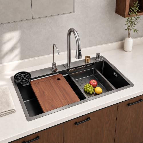 Image of COOTER Kitchen Sink 30x18x9 Inch Single Bowl Waterfall Sink Black Matt Finish 304 Grade Stainless Steel Sink for Kitchen Anti Scratch Smart Kitchen Sink Included Pull Down Faucet & Drain Basket