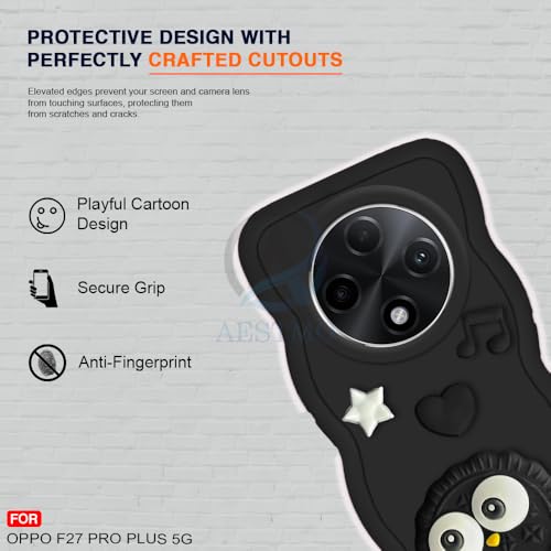Image of AESTMO Back Case Cover for Oppo F27 Pro Plus 5G | 3D Cute Fun Cartoon Characters | Anti Slip Grip Cute Wave Curly Frame Shape | Full Body Protection Back Cover for Oppo F27 Pro Plus 5G | (Black)
