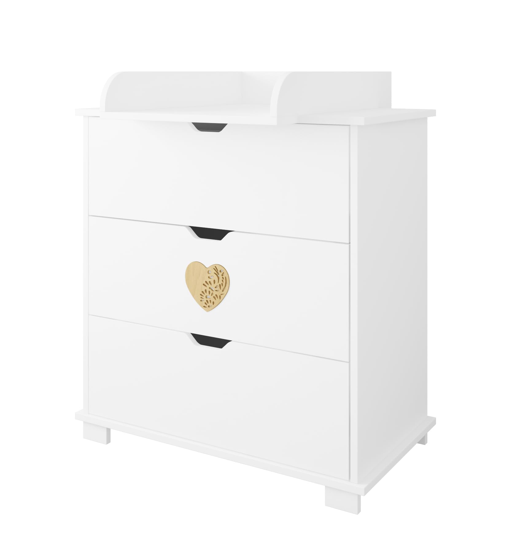 zee Heart Set Habitación Bebé Blanco 2 en 1, Cuna 120x60 cm con Cajón Convertible en Cama Infantil, Cómoda Cambiador con Cambiador, Diseño Escandinavo, Corazón Natural