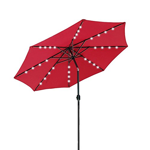 SNAIL 9 feet Solar Powered LED Patio Umbrella with 32 Lights, Illuminated Outdoor Aluminum Market Umbrella with Push Button Tilt, Burgundy
