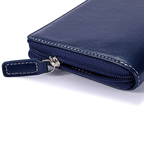 Image of HISCOW Leather Checkbook Cover, Zippered Wallet, Antiqued Blue | Full grain cowhide, 5cc & ID window, personal check book & register pockets, removable duplicate divider, women secure zipper