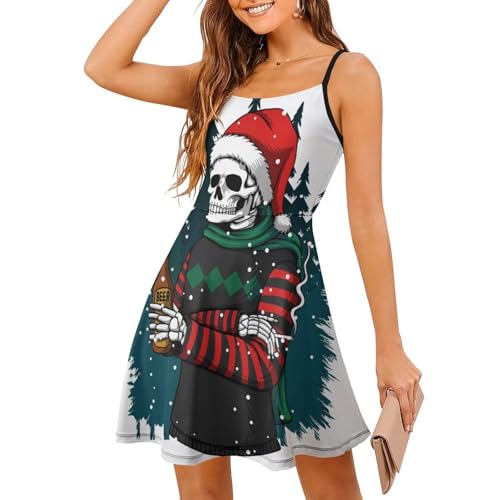 Robe d'été crâne de Noël à bretelles spaghetti et jupe courte de plage