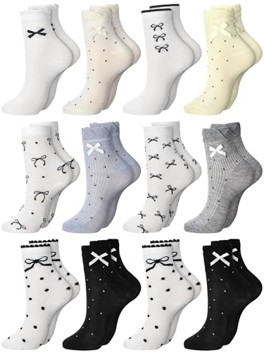 Image of Fourluoo 12 Pairs Women Lace Ruffle Frilly Ankle Socks Cute Breathable Princess Crew Socks