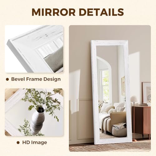 Image of 58x22in Full Length Mirror, Rustic White Beveled Wood Frame