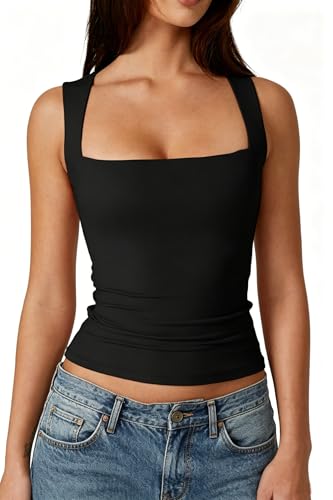 QINSEN Women's Square Neck Sleeveless Double-Layer Tank Tops Basic Tight T Shirts Black M