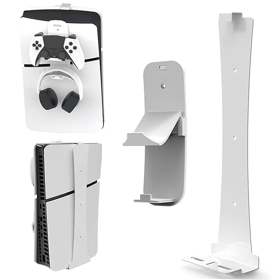 Wall Mount Kit Compatible with PlayStation 5 Slim Disc and Edition,with Holders for Controller&Headset Storage (White)