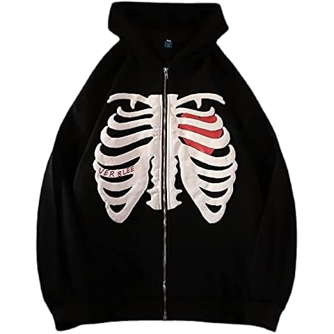 Womens Y2k Print Zip Up Hoodies Long Sleeve Vintage Skeleton Graphic Hooded Jacket Sweatshirt with Pocket (Color : Black, Size : S) Cover