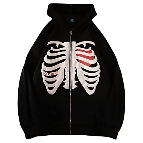 Felpa con Cappuccio con Zip Frauen Goth Skeleton Rib Cage Graphics Y2K Felpa Harajuku Neuheit (Color : Black, Size : M)