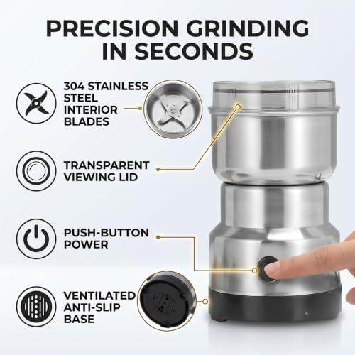 Image of Drumstone 𝟓 𝐘𝐞𝐚𝐫 𝐖𝐚𝐫𝐫𝐚𝐧𝐭𝐲 Electric Mini Spice & Coffee Grinder, Portable Stainless Steel Dry Masala Grinder Machine for Kitchen, Compact Food Processor with High Speed Blades for Nuts