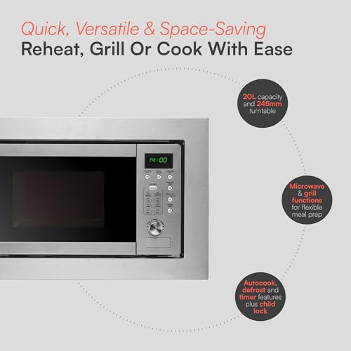 Cookology BIM20LWG Integrated Microwave and Grill in Silver - Compact 20 Litre Capacity - 1000W Grill & 800W Built-in Microwave - 59.5cm Width - 8 Menu Options - Image 4