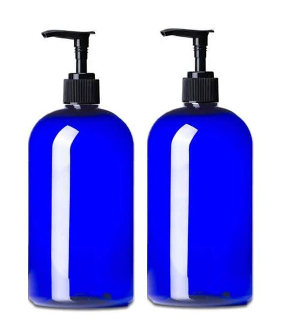 MountainLeaf 2 Pack 16 oz (475 ml) Squat Boston Round Plastic PET Bottles with Black Lotion Pump Dispensers | Shampoo Lotion Soap DIY Bottles | Made in USA (Blue Bottle)