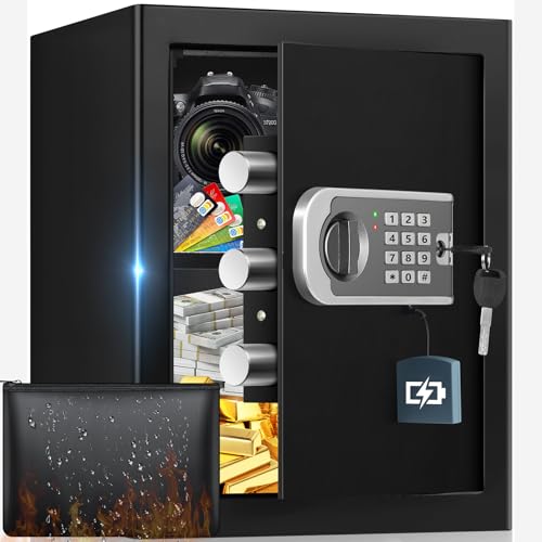 52L Großer Safe Tresor für Zuhause, Digitalem Safe mit Schlüssel, Zahlenschloss, Möbeltresor Sicherheitstresor mit Intelligente Alarme, Wandtresor für Gold Schmuck Dokumente Medikamente