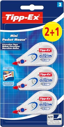 Tipp-Ex Korrekturroller Mini Pocket Mouse 6 m x 5 mm ideal für das Büro das Home Office oder die Schule 2+1 Stück (1er-Pack)