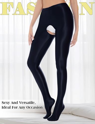 FEOYA Women's Open Crotch Oil Shiny Pantyhose High Waist Control Top Silky Oily Crotchless Footed Tights Stockings3