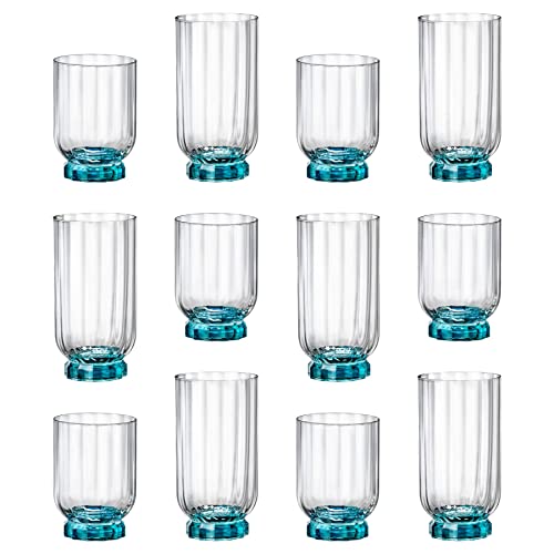 Bormioli Rocco 12pc Blue Florian Glassware Set - Mixed Glass Highball Cocktail Gin Glasses and Water Whiskey Drinking Tumblers