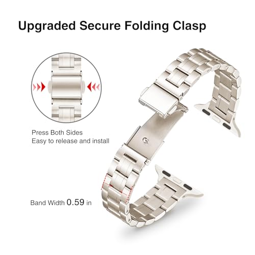 Image of STIROLL Thin Replacement Band Compatible for Apple Watch 42mm 44mm 45mm 49mm, Stainless Steel Metal Wristband Women Men for iWatch Ultra SE Series 9 /8 /7 /6 /5 /4 /3 /2 /1, Starlight