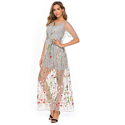 Image of BaronHong Women's Floral Embroidered Tulle Prom Half-Sleeve V Neck Midi Dress with Waist Strap